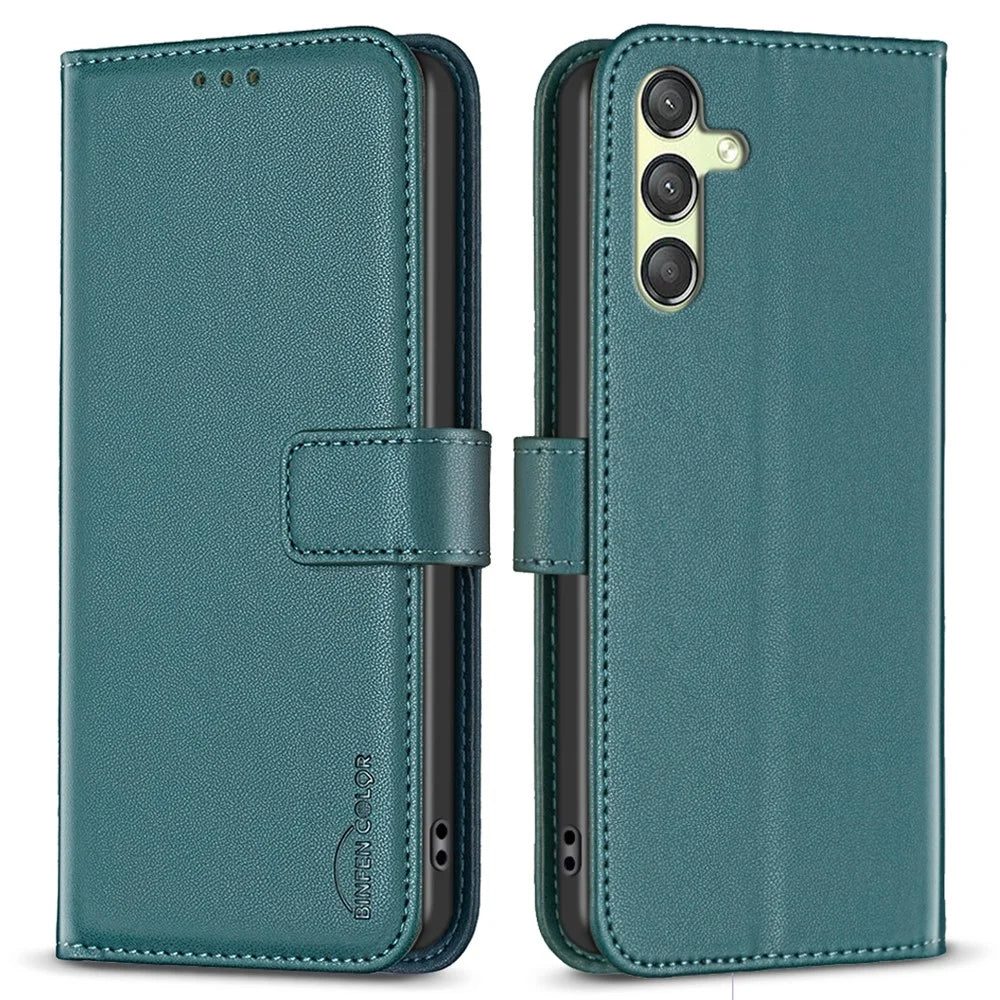 BINFEN COLOR BF17 For Samsung Galaxy A25 5G (Global) (161.0 x 76.5 x 8.3mm) Stand Leather Case Full Protection Wallet Phone Cover - Green - 1