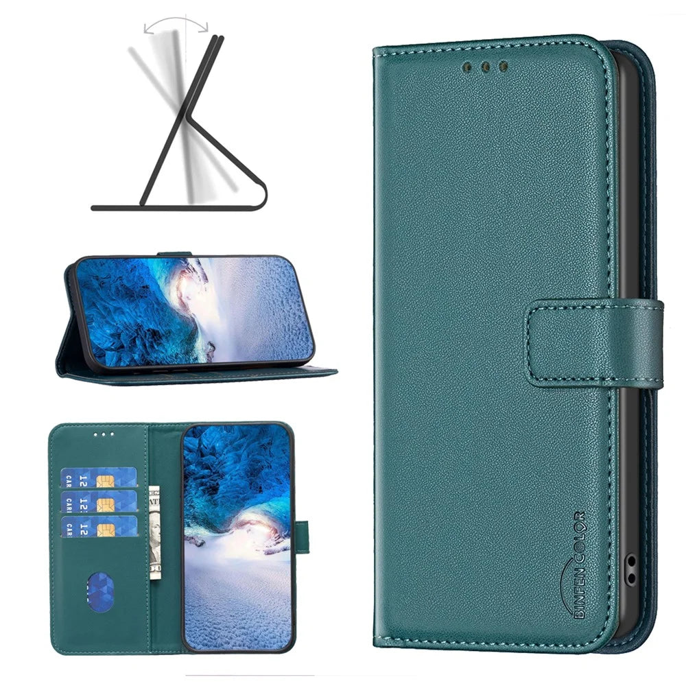 BINFEN COLOR BF17 For Samsung Galaxy A25 5G (Global) (161.0 x 76.5 x 8.3mm) Stand Leather Case Full Protection Wallet Phone Cover - Green - 7