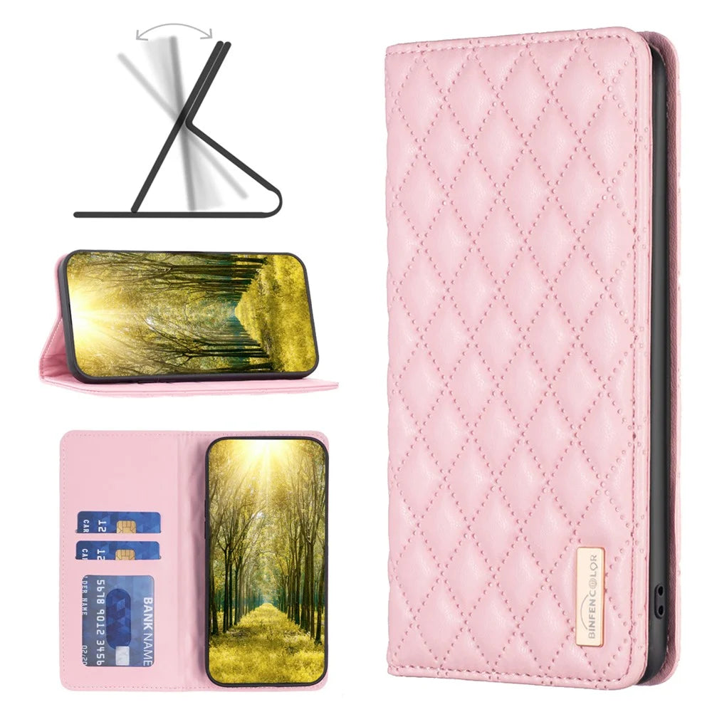 BINFEN COLOR BF Style-16 For Samsung Galaxy A25 5G (Global) (161.0 x 76.5 x 8.3mm) Anti-Dust PU Leather Flip Stand Cover Card Slot Phone Case - Pink - 5