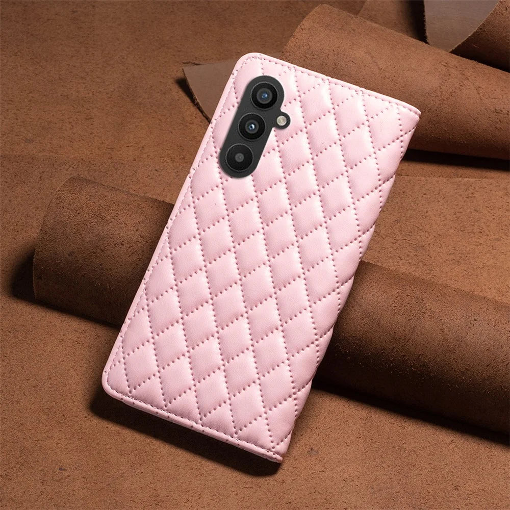 BINFEN COLOR BF Style-16 For Samsung Galaxy A25 5G (Global) (161.0 x 76.5 x 8.3mm) Anti-Dust PU Leather Flip Stand Cover Card Slot Phone Case - Pink - 7