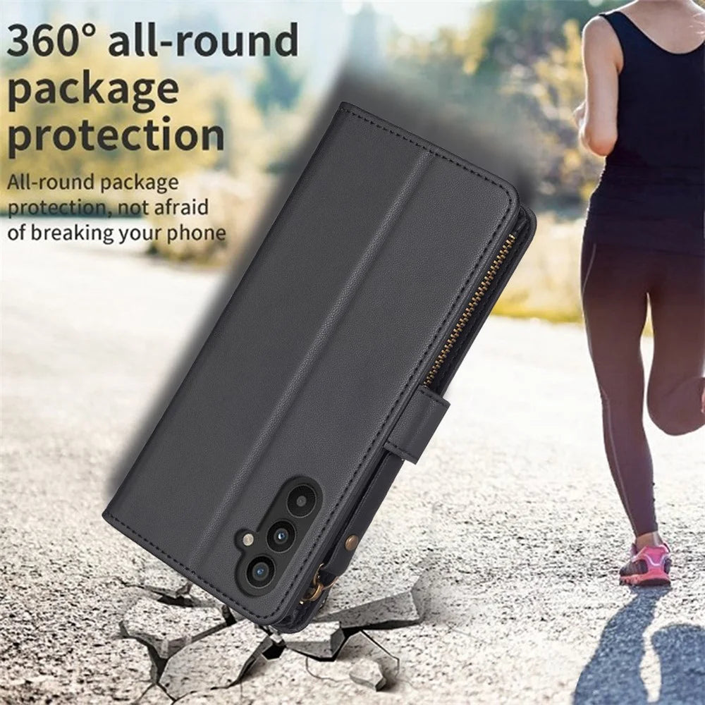 BF Style-19 For Samsung Galaxy A25 5G (Global) (161.0 x 76.5 x 8.3mm) Wallet Stand Flip Cover Zipper Pocket PU Leather Phone Case - Black - 5