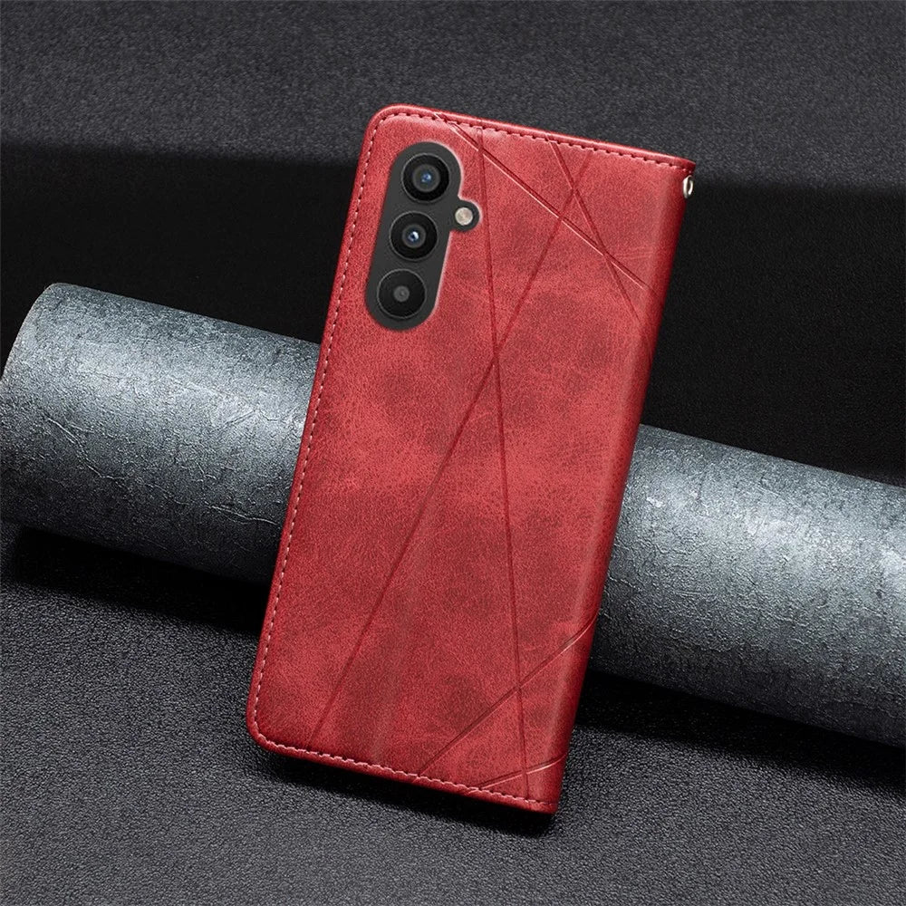 For Samsung Galaxy A25 5G (Global) (161.0 x 76.5 x 8.3mm) Card Holder Mobile Case Imprinted Line Leather Stand Phone Cover - Red - 6