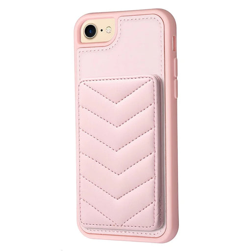 BF26 For iPhone 6 / 6s / 7 / 8 / SE (2020) / SE (2022) Card Holder Kickstand Case Wave Stitching Texture TPU+PU Leather Phone Cover - Pink - 1