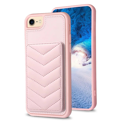 BF26 For iPhone 6 / 6s / 7 / 8 / SE (2020) / SE (2022) Card Holder Kickstand Case Wave Stitching Texture TPU+PU Leather Phone Cover - Pink - 2