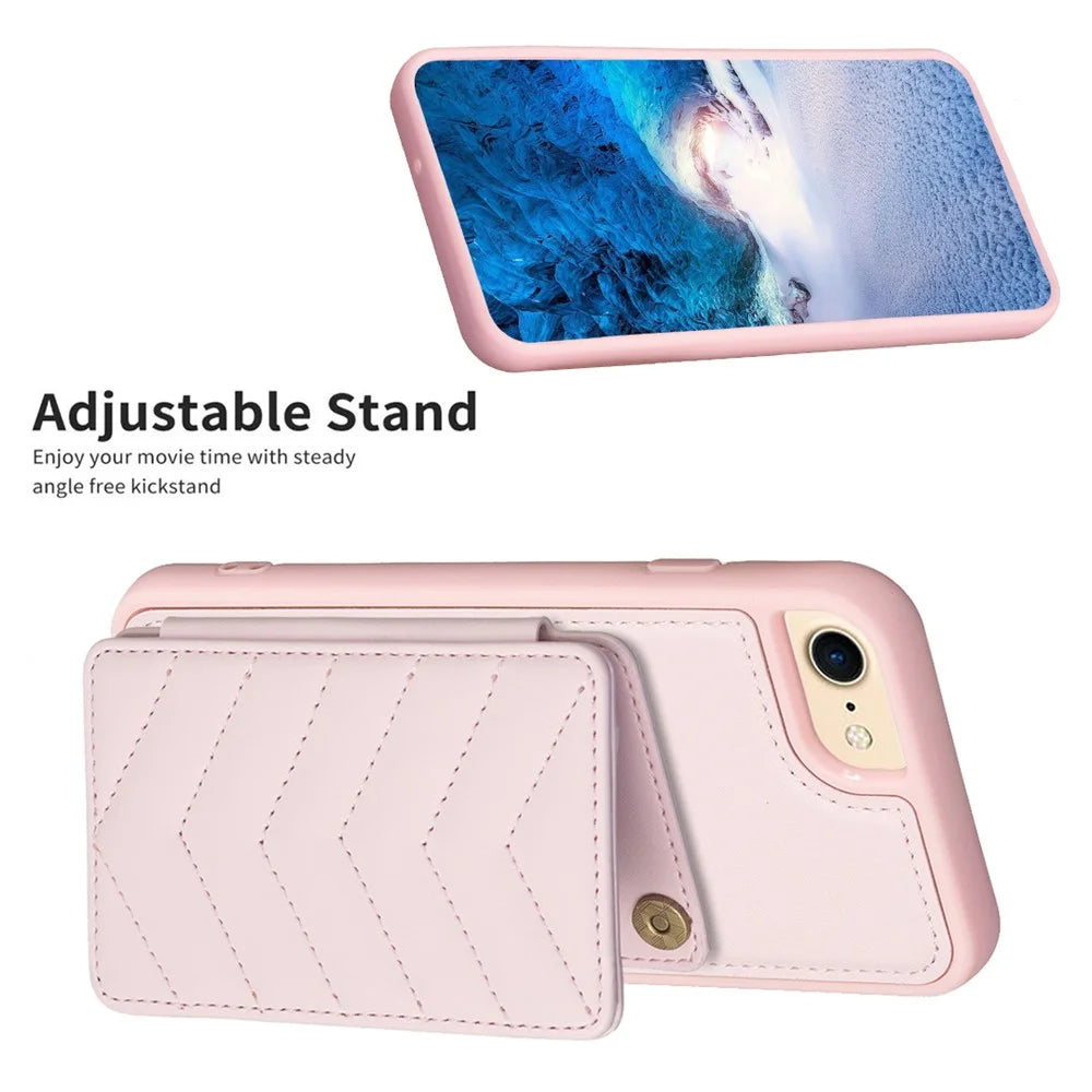 BF26 For iPhone 6 / 6s / 7 / 8 / SE (2020) / SE (2022) Card Holder Kickstand Case Wave Stitching Texture TPU+PU Leather Phone Cover - Pink - 5