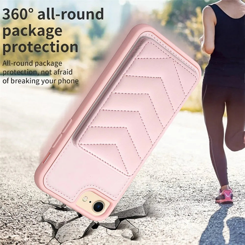 BF26 For iPhone 6 / 6s / 7 / 8 / SE (2020) / SE (2022) Card Holder Kickstand Case Wave Stitching Texture TPU+PU Leather Phone Cover - Pink - 6