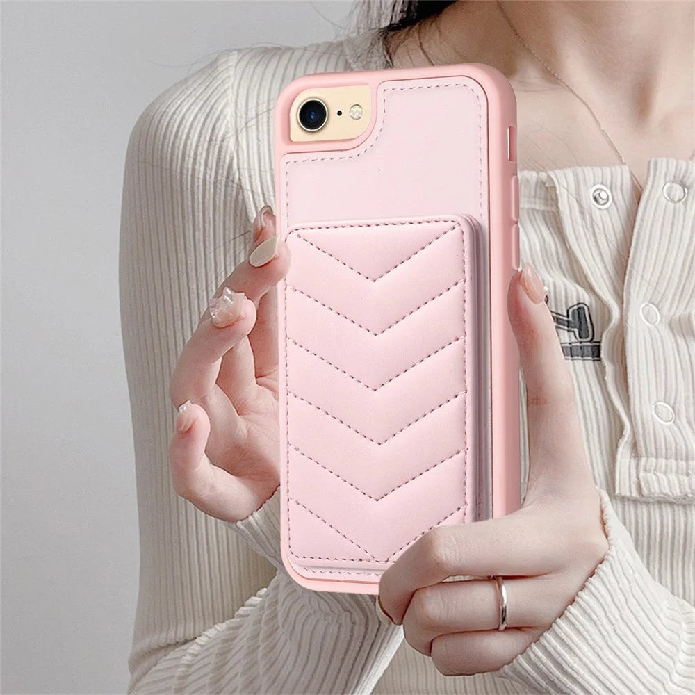 BF26 For iPhone 6 / 6s / 7 / 8 / SE (2020) / SE (2022) Card Holder Kickstand Case Wave Stitching Texture TPU+PU Leather Phone Cover - Pink - 7