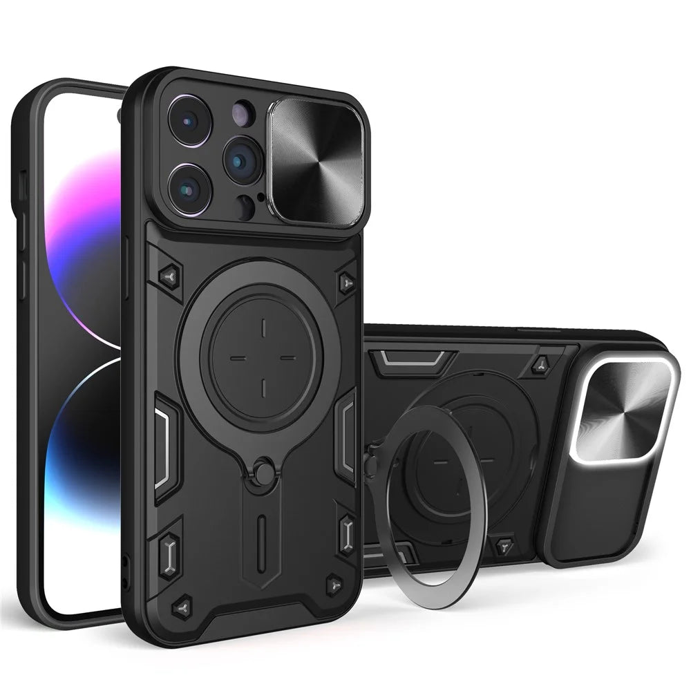 For iPhone 15 Pro Slide Camera Lid PC+TPU Back Cover Rotation Kickstand Phone Case - Black - 1