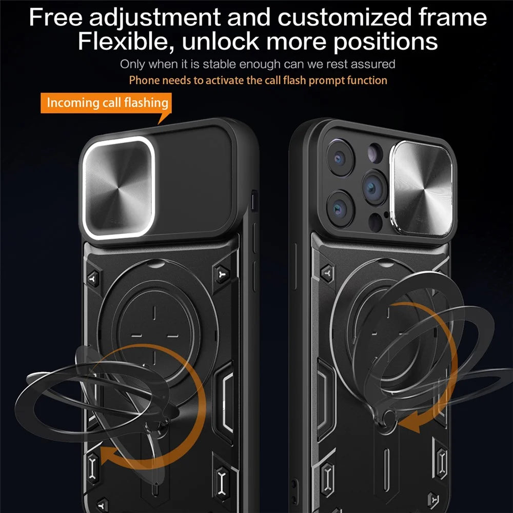 For iPhone 15 Pro Slide Camera Lid PC+TPU Back Cover Rotation Kickstand Phone Case - Black - 2