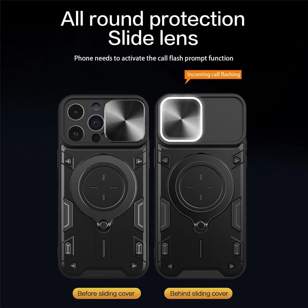 For iPhone 15 Pro Slide Camera Lid PC+TPU Back Cover Rotation Kickstand Phone Case - Black - 3