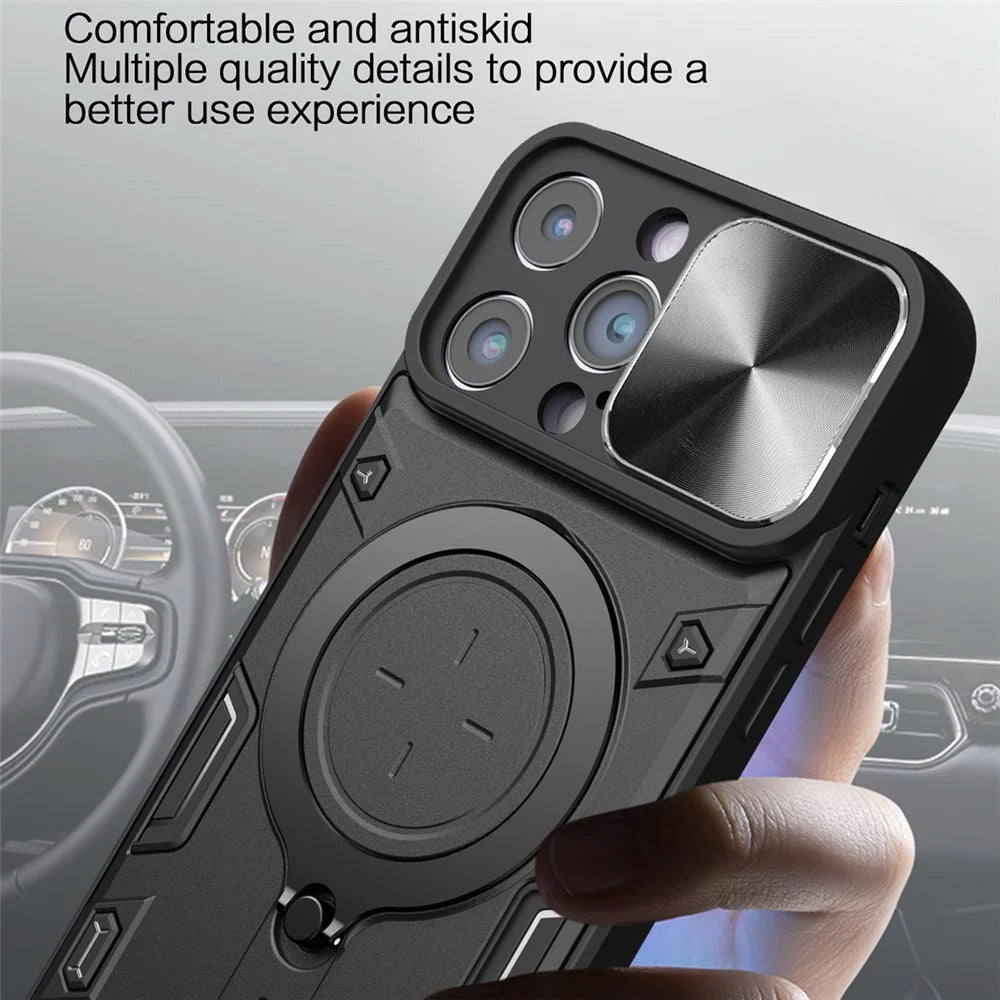 For iPhone 15 Pro Slide Camera Lid PC+TPU Back Cover Rotation Kickstand Phone Case - Black - 5