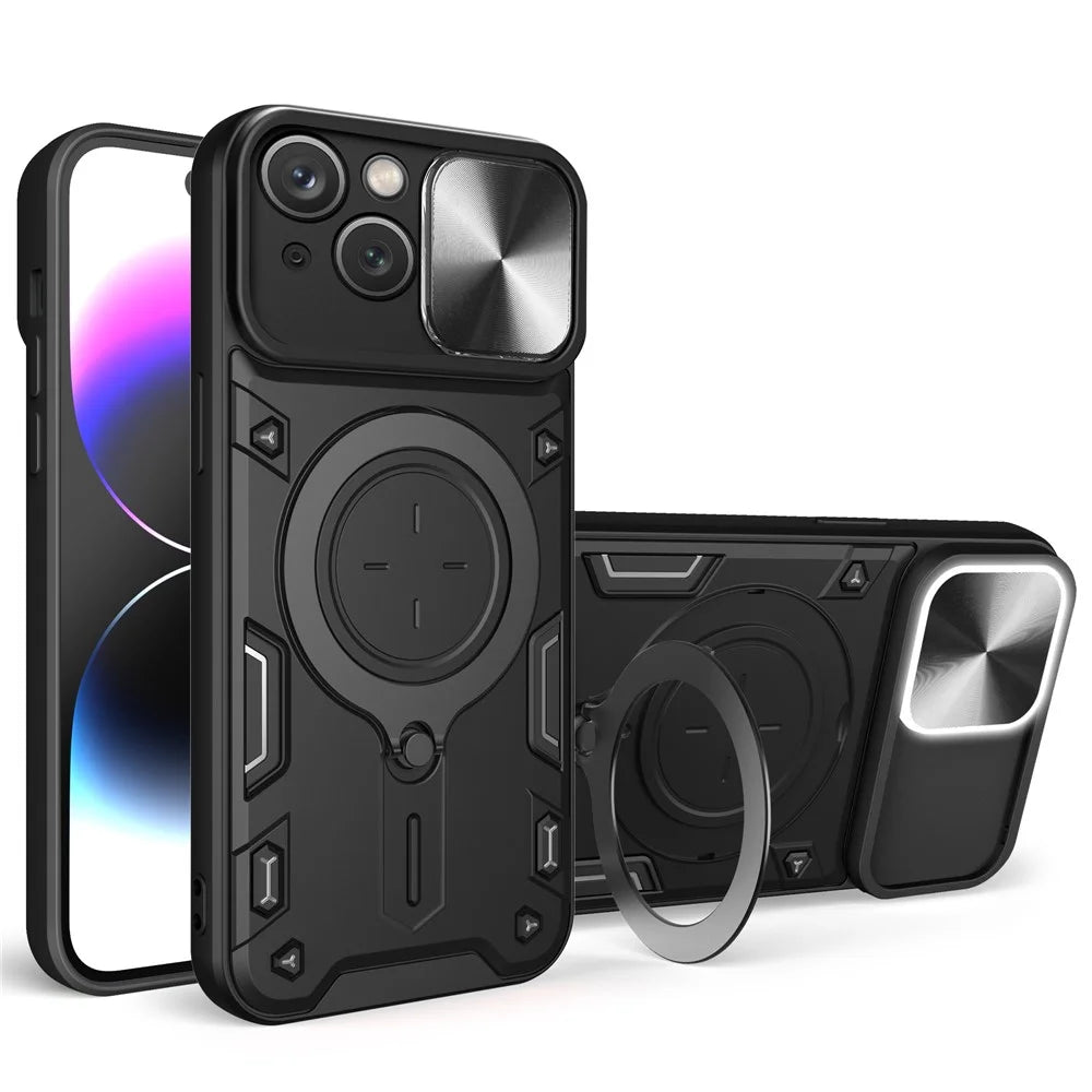 For iPhone 15 Plus Slide Camera Lid Anti-scratch Case Rotating Kickstand PC+TPU Cover - Black - 1