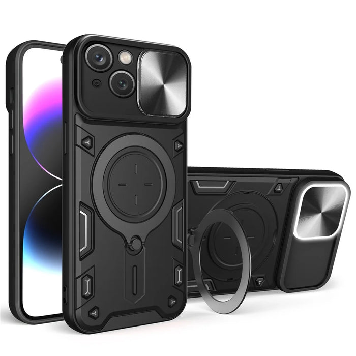 For iPhone 15 Plus Slide Camera Lid Anti-scratch Case Rotating Kickstand PC+TPU Cover - Black - 1