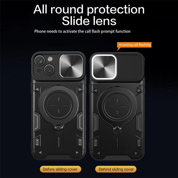 For iPhone 15 Plus Slide Camera Lid Anti-scratch Case Rotating Kickstand PC+TPU Cover - Black - 3