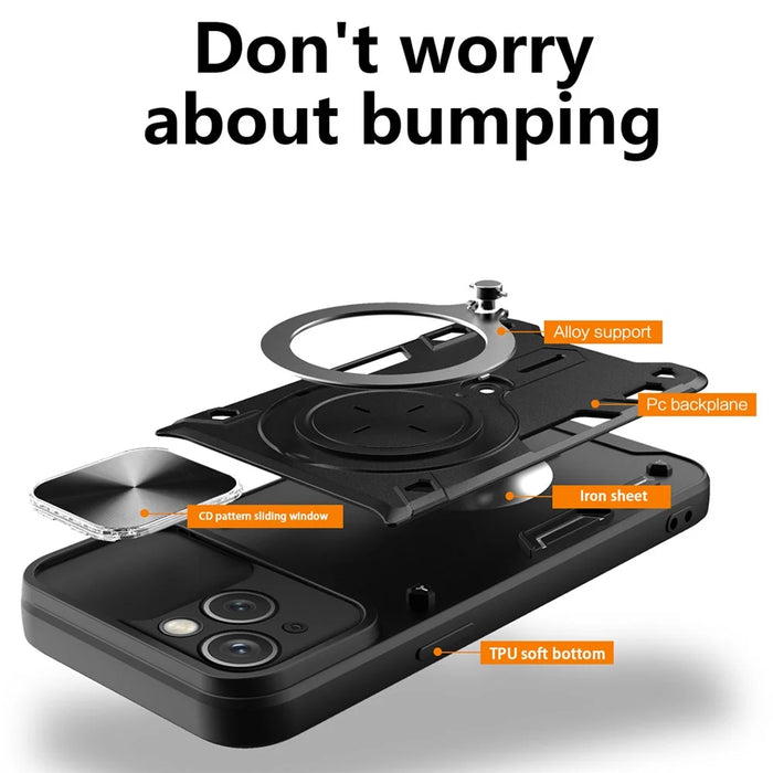 For iPhone 15 Plus Slide Camera Lid Anti-scratch Case Rotating Kickstand PC+TPU Cover - Black - 5