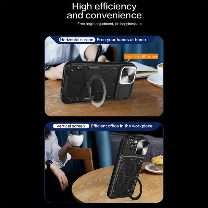 For iPhone 15 Plus Slide Camera Lid Anti-scratch Case Rotating Kickstand PC+TPU Cover - Black - 6