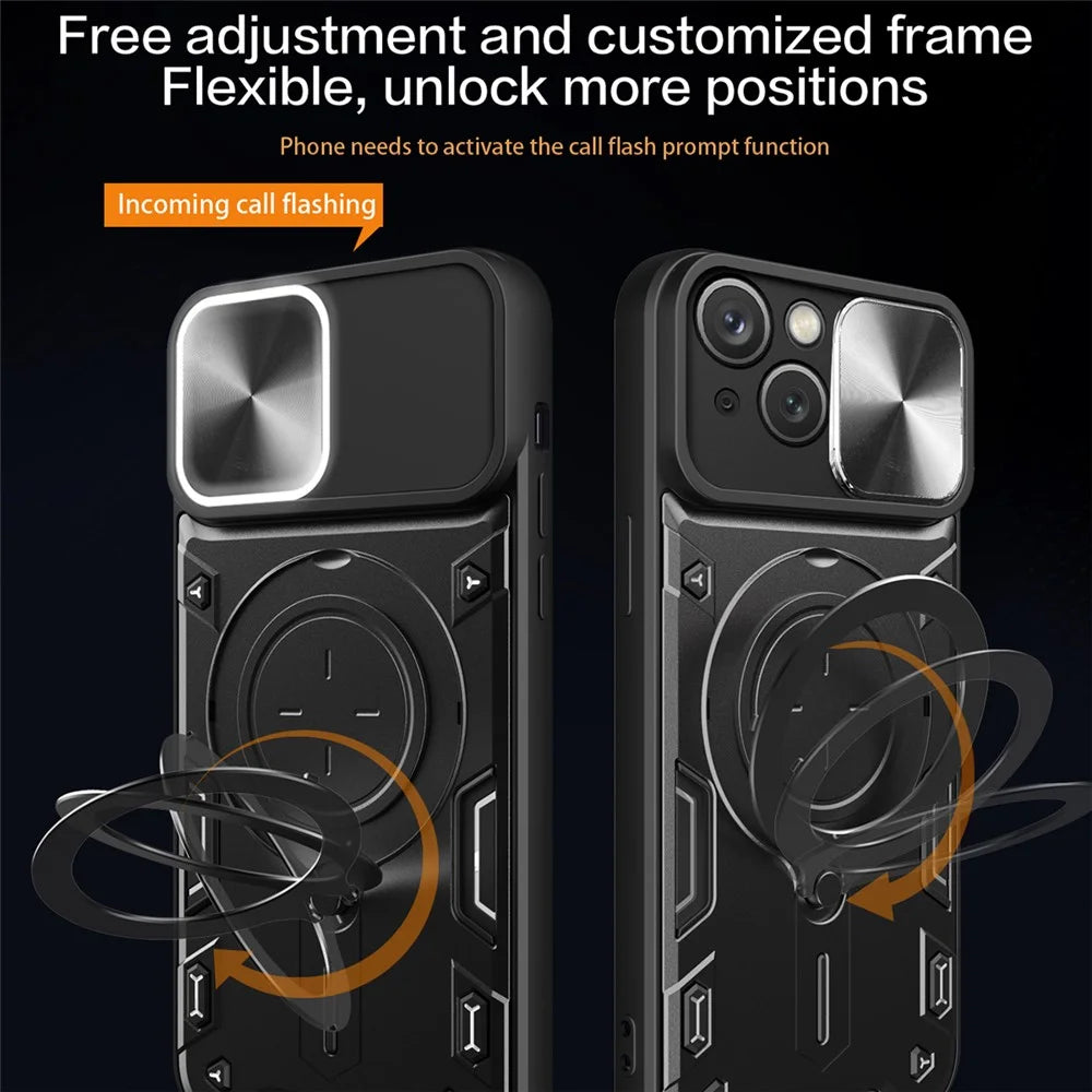 For iPhone 15 Rotating Kickstand PC+TPU Cover Slide Camera Shield Anti-scratch Phone Case - Black - 2