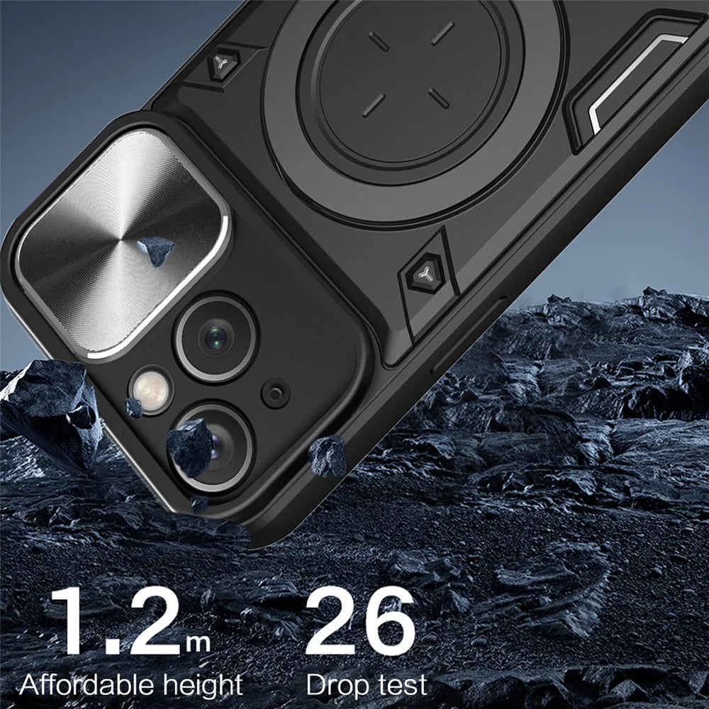 For iPhone 15 Rotating Kickstand PC+TPU Cover Slide Camera Shield Anti-scratch Phone Case - Black - 4