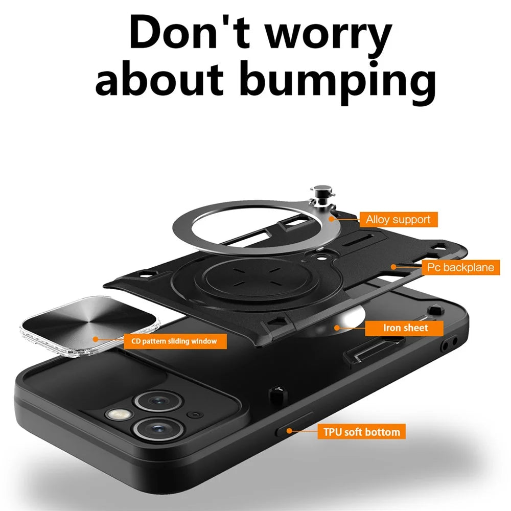 For iPhone 15 Rotating Kickstand PC+TPU Cover Slide Camera Shield Anti-scratch Phone Case - Black - 5