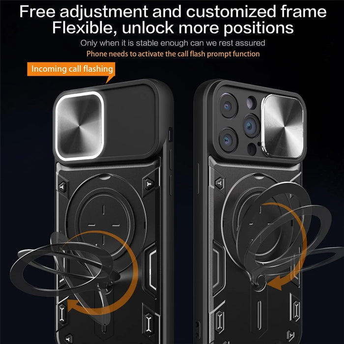 For iPhone 15 Pro Max Slide Camera Lid PC+TPU Anti-drop Cover Ring Kickstand Phone Case - Black - 2