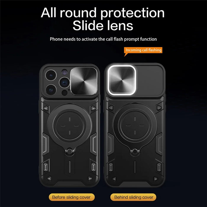 For iPhone 15 Pro Max Slide Camera Lid PC+TPU Anti-drop Cover Ring Kickstand Phone Case - Black - 3