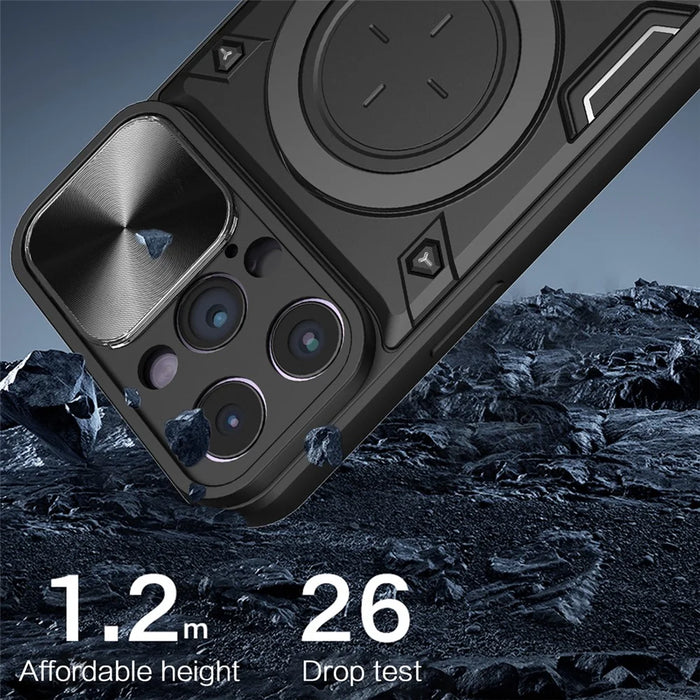 For iPhone 15 Pro Max Slide Camera Lid PC+TPU Anti-drop Cover Ring Kickstand Phone Case - Black - 4