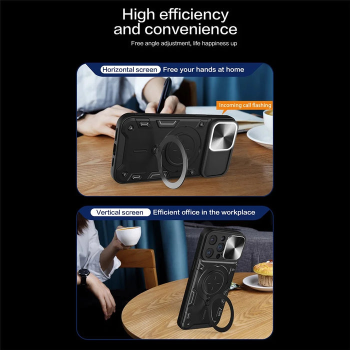 For iPhone 15 Pro Max Slide Camera Lid PC+TPU Anti-drop Cover Ring Kickstand Phone Case - Black - 6