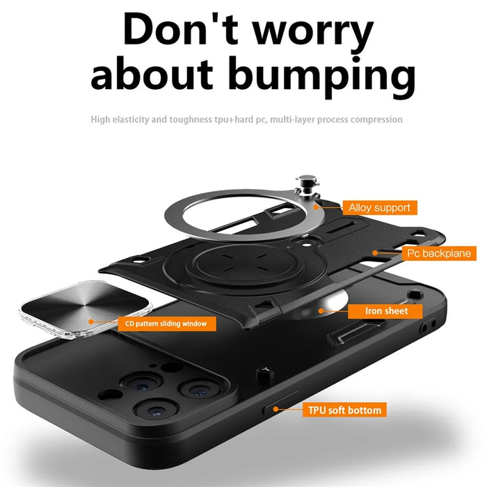 For iPhone 15 Pro Max Slide Camera Lid PC+TPU Anti-drop Cover Ring Kickstand Phone Case - Black - 7