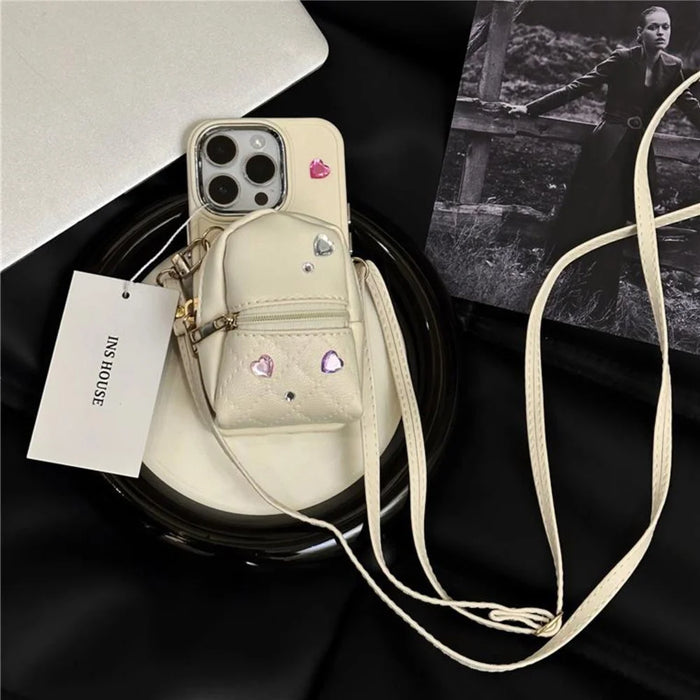 For iPhone 12 Pro Max 6.7 inch PU Leather Mini Schoolbag TPU Phone Case Anti-drop Cover with Shoulder Strap - White - 1