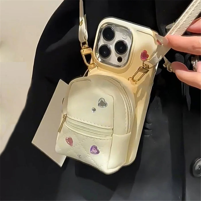 For iPhone 12 Pro Max 6.7 inch PU Leather Mini Schoolbag TPU Phone Case Anti-drop Cover with Shoulder Strap - White - 4