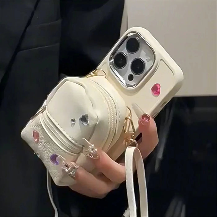 For iPhone 14 Pro TPU Cover Leather Small Schoolbag Design Phone Case with Crossbody Strap - White - 2