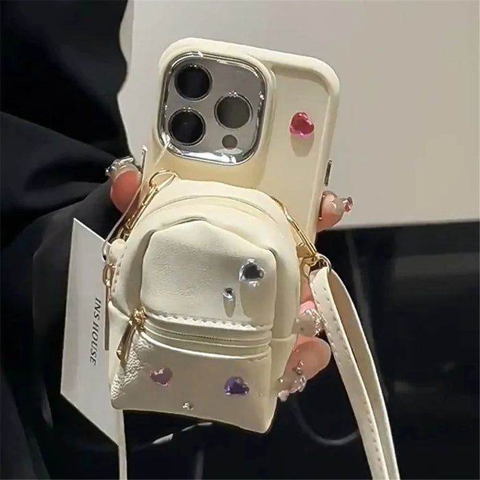 For iPhone 14 Pro TPU Cover Leather Small Schoolbag Design Phone Case with Crossbody Strap - White - 3