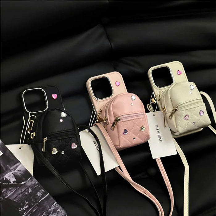 Mini Leather Schoolbag Phone Cover for iPhone 14 Pro Max TPU Back Case with Shoulder Strap - White - 6