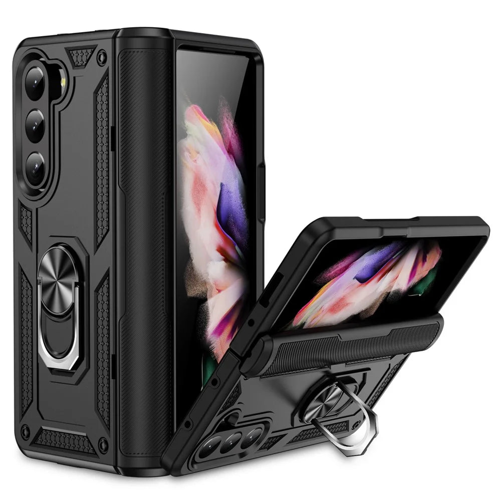 TPU+PC Phone Case for Samsung Galaxy Z Fold5 5G Ring Holder Kickstand Cover with Car Mount Metal Sheet - Black - 1