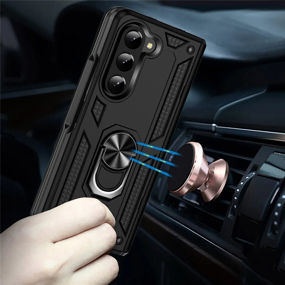 TPU+PC Phone Case for Samsung Galaxy Z Fold5 5G Ring Holder Kickstand Cover with Car Mount Metal Sheet - Black - 4