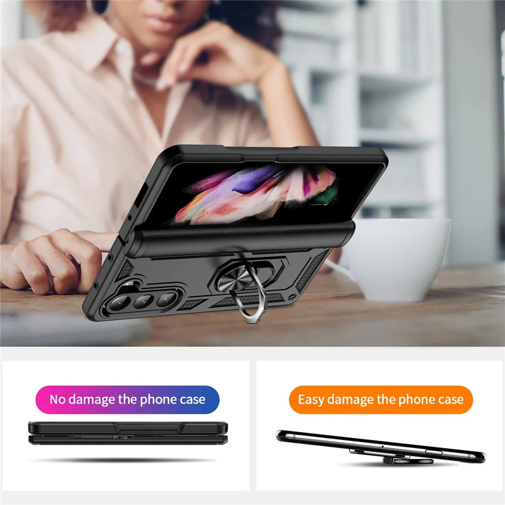 TPU+PC Phone Case for Samsung Galaxy Z Fold5 5G Ring Holder Kickstand Cover with Car Mount Metal Sheet - Black - 6