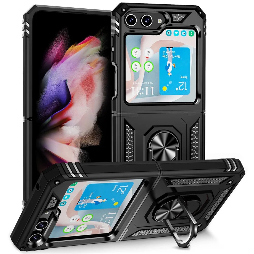 TPU+PC Phone Case for Samsung Galaxy Z Flip5 5G Ring Kickstand Anti-fall Cover with Car Mount Metal Sheet - Black - 1
