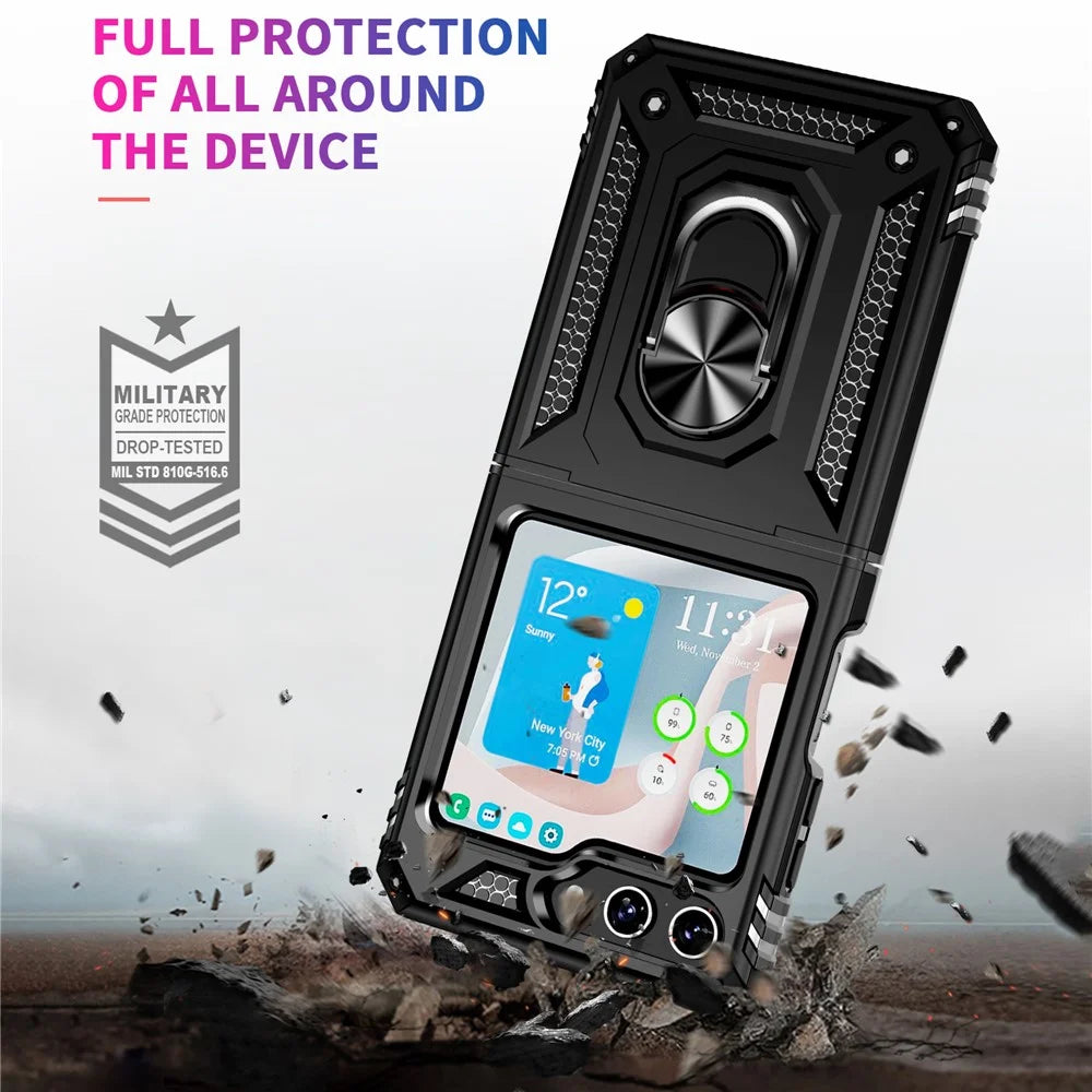 TPU+PC Phone Case for Samsung Galaxy Z Flip5 5G Ring Kickstand Anti-fall Cover with Car Mount Metal Sheet - Black - 2