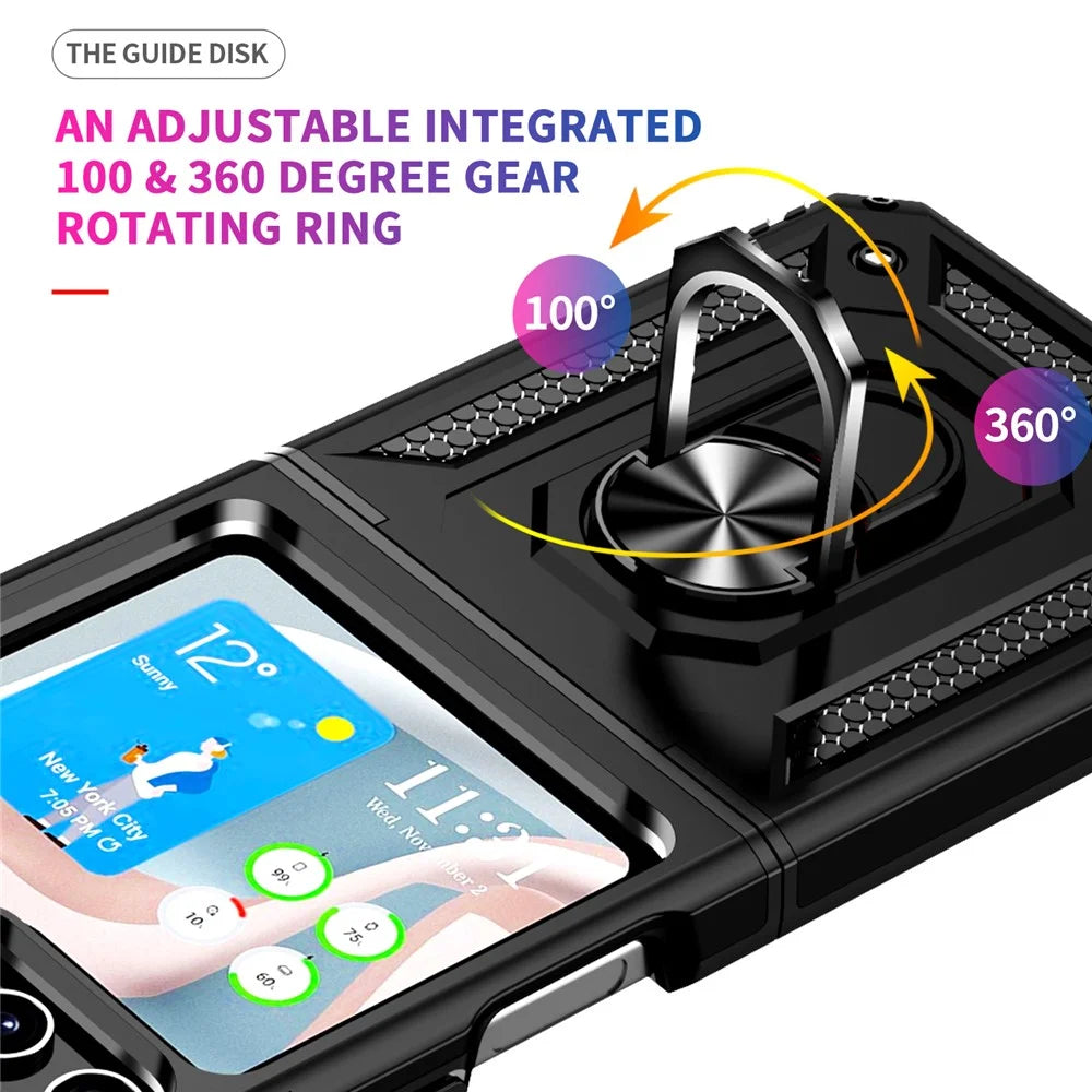 TPU+PC Phone Case for Samsung Galaxy Z Flip5 5G Ring Kickstand Anti-fall Cover with Car Mount Metal Sheet - Black - 3