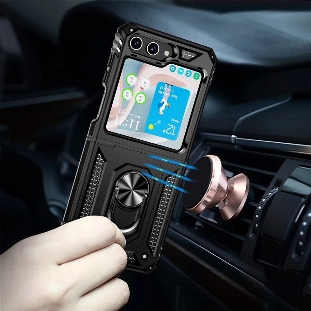 TPU+PC Phone Case for Samsung Galaxy Z Flip5 5G Ring Kickstand Anti-fall Cover with Car Mount Metal Sheet - Black - 4