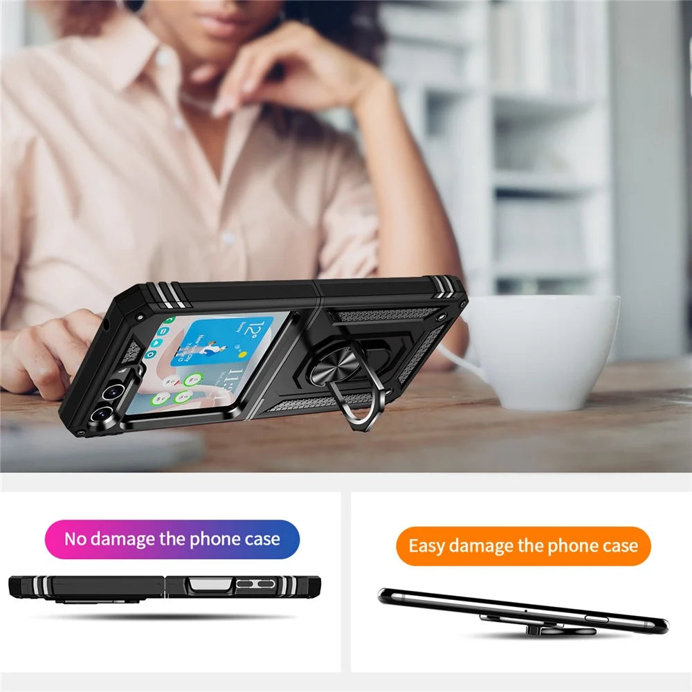 TPU+PC Phone Case for Samsung Galaxy Z Flip5 5G Ring Kickstand Anti-fall Cover with Car Mount Metal Sheet - Black - 5