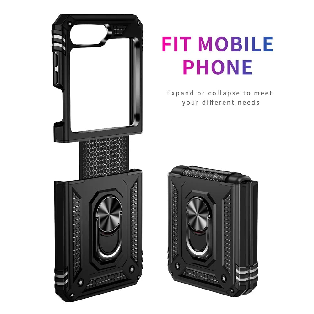 TPU+PC Phone Case for Samsung Galaxy Z Flip5 5G Ring Kickstand Anti-fall Cover with Car Mount Metal Sheet - Black - 7