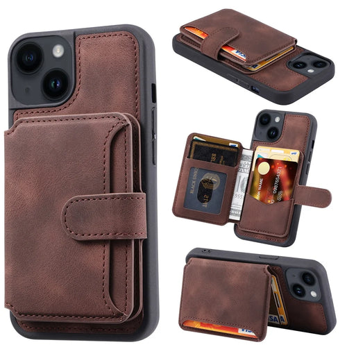 For iPhone 15 Anti-drop Leather Coated TPU Phone Case RFID Blocking Wallet Cover with Kickstand - Coffee - 1