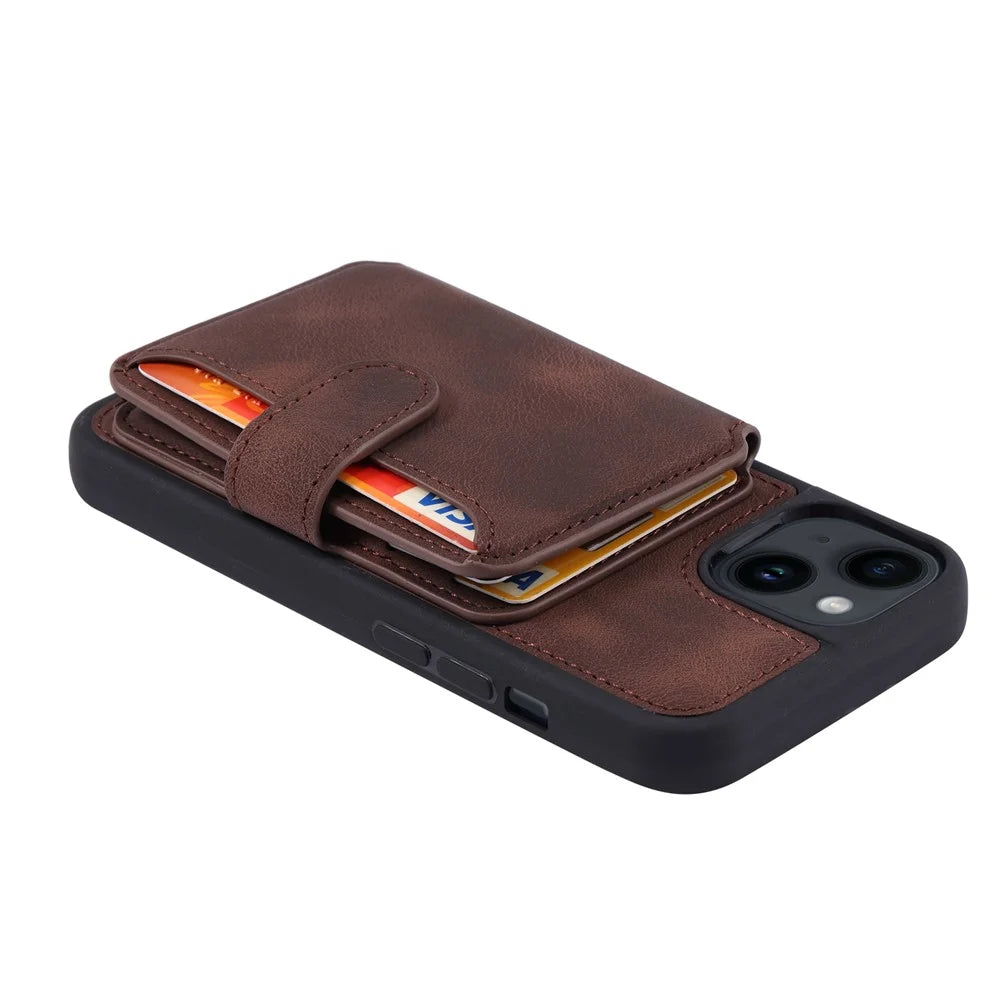For iPhone 15 Anti-drop Leather Coated TPU Phone Case RFID Blocking Wallet Cover with Kickstand - Coffee - 4