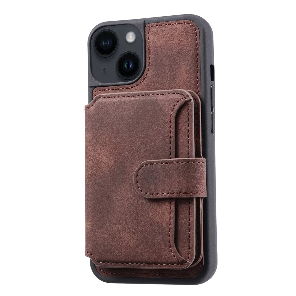 For iPhone 15 Anti-drop Leather Coated TPU Phone Case RFID Blocking Wallet Cover with Kickstand - Coffee - 5