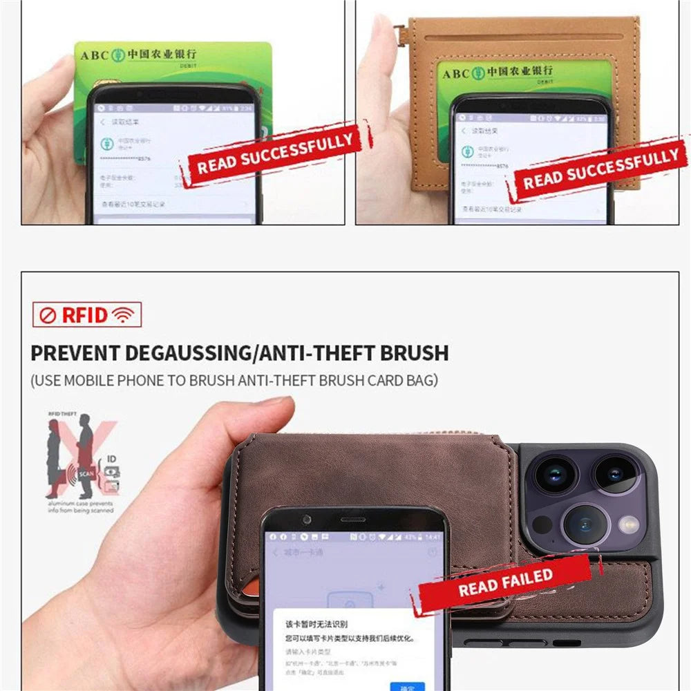 For iPhone 15 Anti-drop Leather Coated TPU Phone Case RFID Blocking Wallet Cover with Kickstand - Coffee - 6