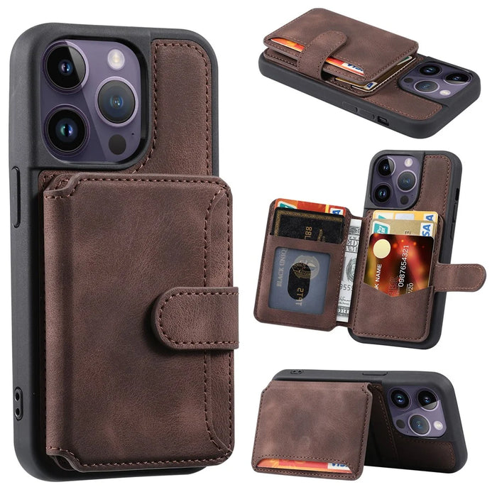 For iPhone 15 Pro Max Leather Coated TPU Phone Case RFID Blocking Wallet Anti-fall Cover with Kickstand - Coffee - 1