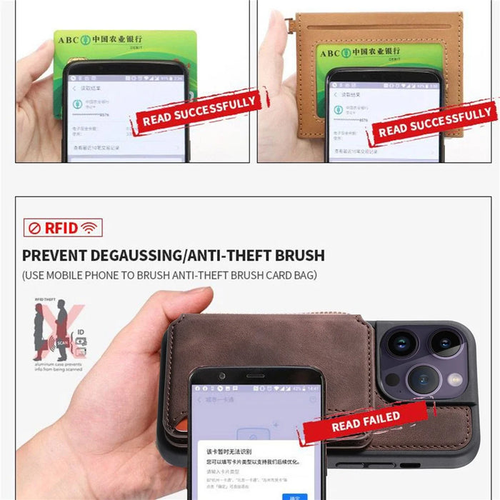 For iPhone 15 Pro Max Leather Coated TPU Phone Case RFID Blocking Wallet Anti-fall Cover with Kickstand - Coffee - 5