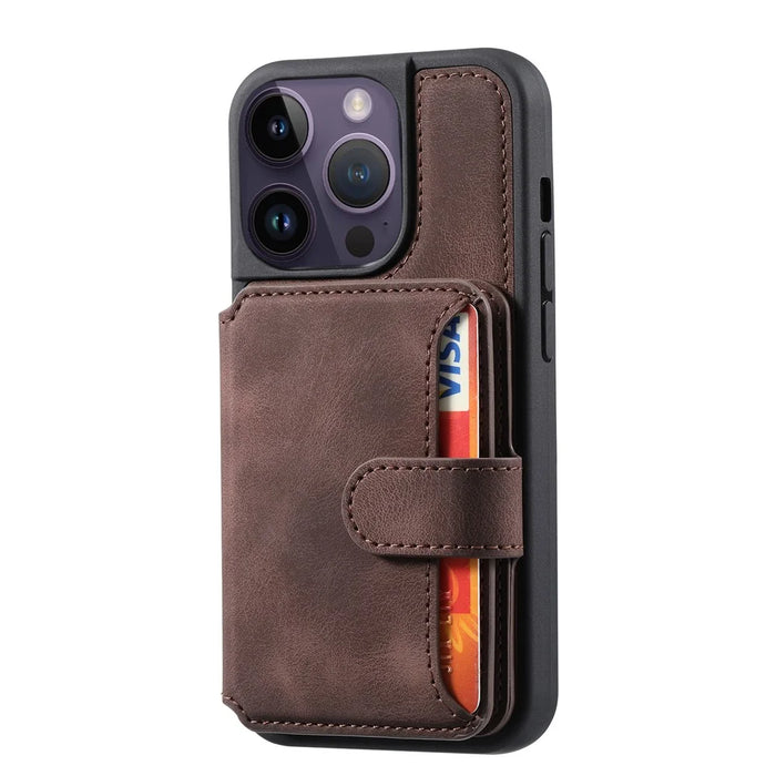 For iPhone 15 Pro Max Leather Coated TPU Phone Case RFID Blocking Wallet Anti-fall Cover with Kickstand - Coffee - 6