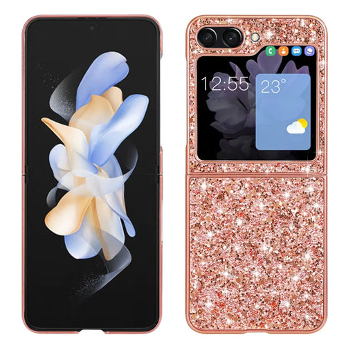 For Samsung Galaxy Z Flip5 5G Glitter Sequins Bling Case TPU Frame Back PC Electroplating Phone Cover - Rose Gold - 1